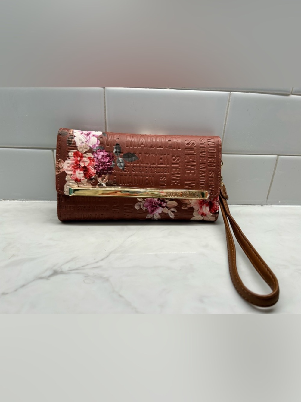 Steve Madden Brown Floral Embossed Wristlet Clutch with Gold Accent